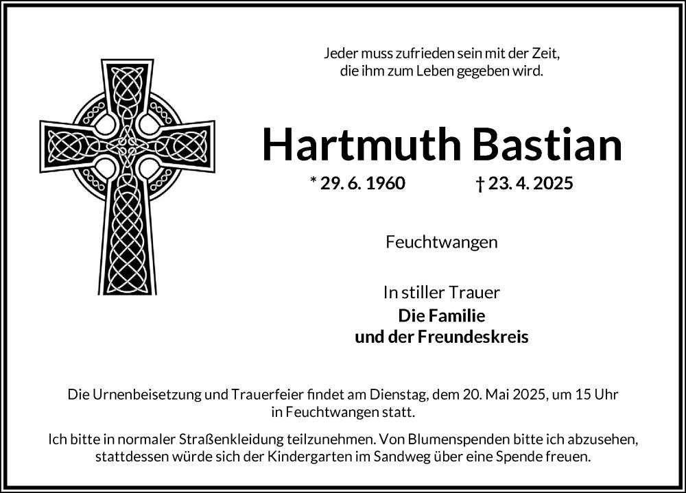  Traueranzeige für Hartmuth Bastian vom 17.05.2025 aus Dinkelsbühl/ Feuchtwangen
