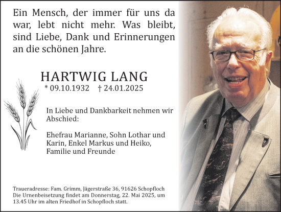 Traueranzeige von Hartwig Lang von Dinkelsbühl/ Feuchtwangen