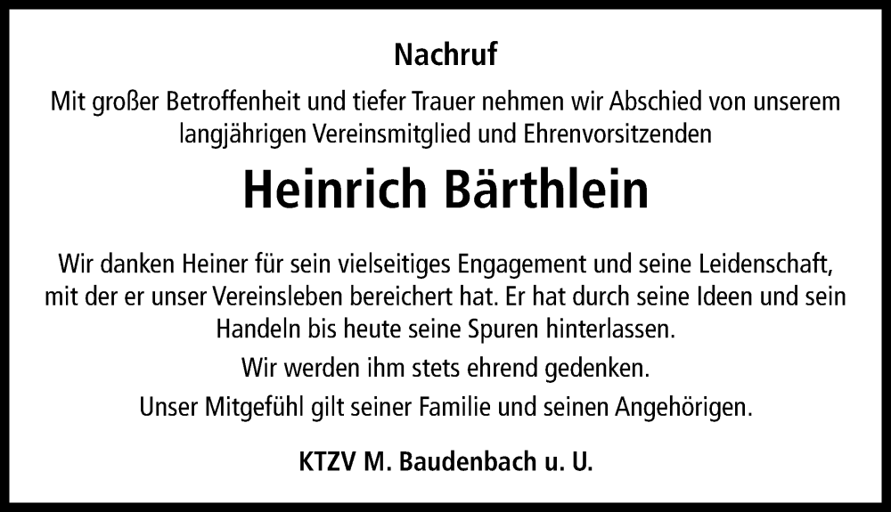  Traueranzeige für Heinrich Bärthlein vom 06.05.2025 aus Neustadt/ Scheinfeld/ Uffenheim