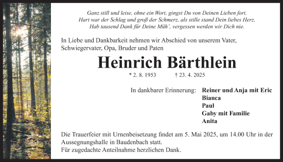Traueranzeige von Heinrich Bärthlein von Neustadt/ Scheinfeld/ Uffenheim