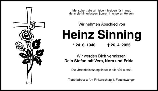Traueranzeige von Heinz Sinning von Dinkelsbühl/ Feuchtwangen