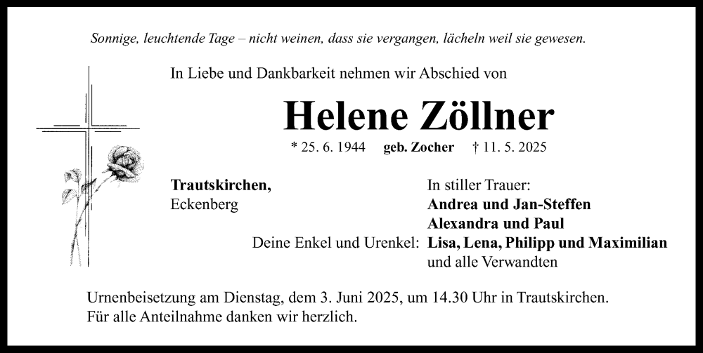  Traueranzeige für Helene Zöllner vom 28.05.2025 aus Neustadt/ Scheinfeld/ Uffenheim