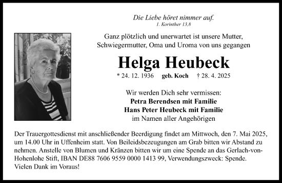 Traueranzeige von Helga Heubeck von Neustadt/ Scheinfeld/ Uffenheim
