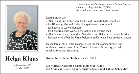 Traueranzeige von Helga Klaus von Dinkelsbühl/ Feuchtwangen