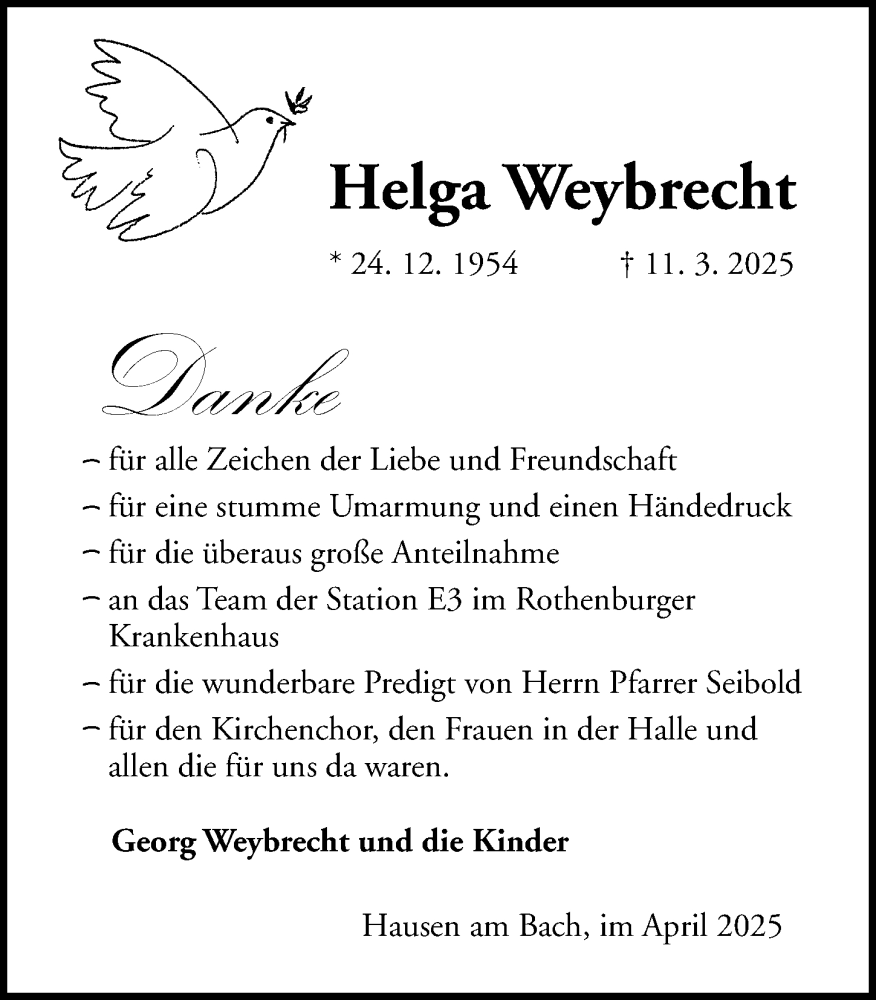  Traueranzeige für Helga Weybrecht vom 02.05.2025 aus Rothenburg