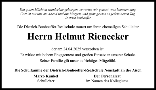 Traueranzeige von Helmut Rienecker von Neustadt/ Scheinfeld/ Uffenheim