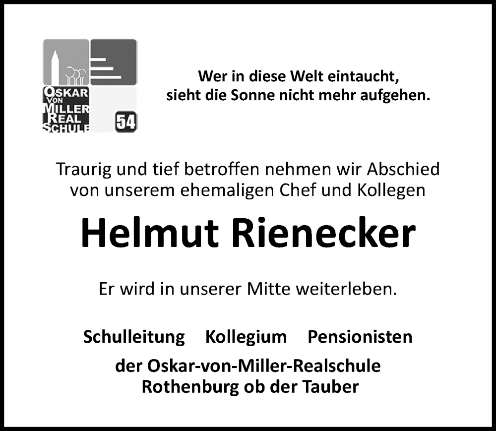  Traueranzeige für Helmut Rienecker vom 03.05.2025 aus Rothenburg