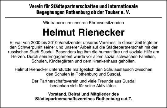 Traueranzeige von Helmut Rienecker von Rothenburg