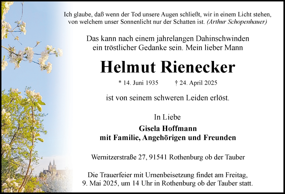  Traueranzeige für Helmut Rienecker vom 03.05.2025 aus Rothenburg