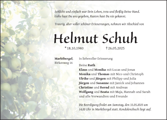 Traueranzeige von Helmut Schuh von Neustadt/ Scheinfeld/ Uffenheim