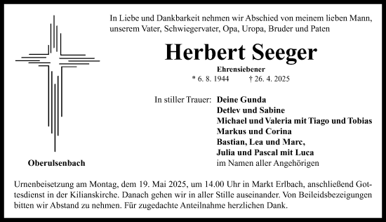 Traueranzeige von Herbert Seeger von Neustadt/ Scheinfeld/ Uffenheim