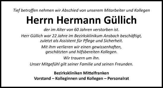 Traueranzeige von Hermann Güllich von Neustadt/ Scheinfeld/ Uffenheim