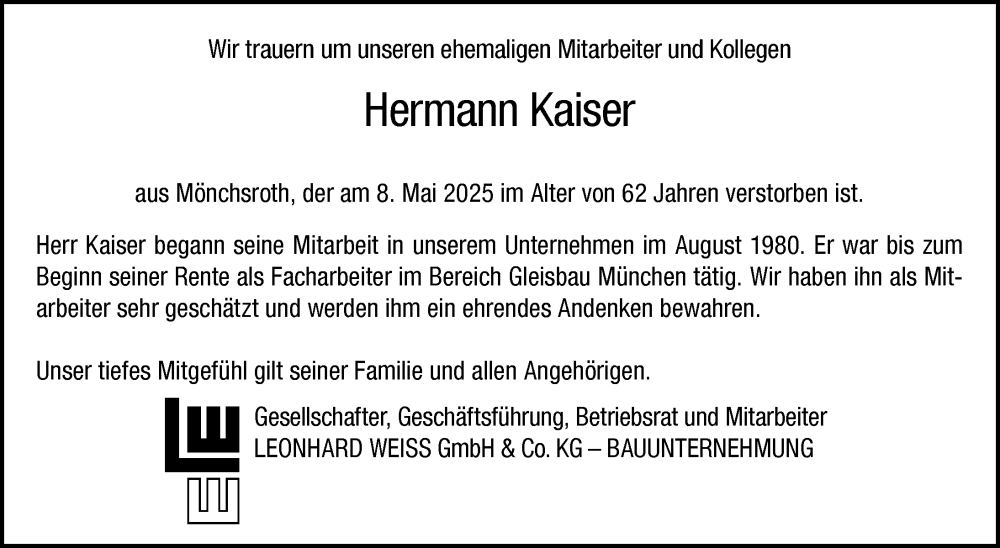  Traueranzeige für Hermann Kaiser vom 22.05.2025 aus Dinkelsbühl/ Feuchtwangen