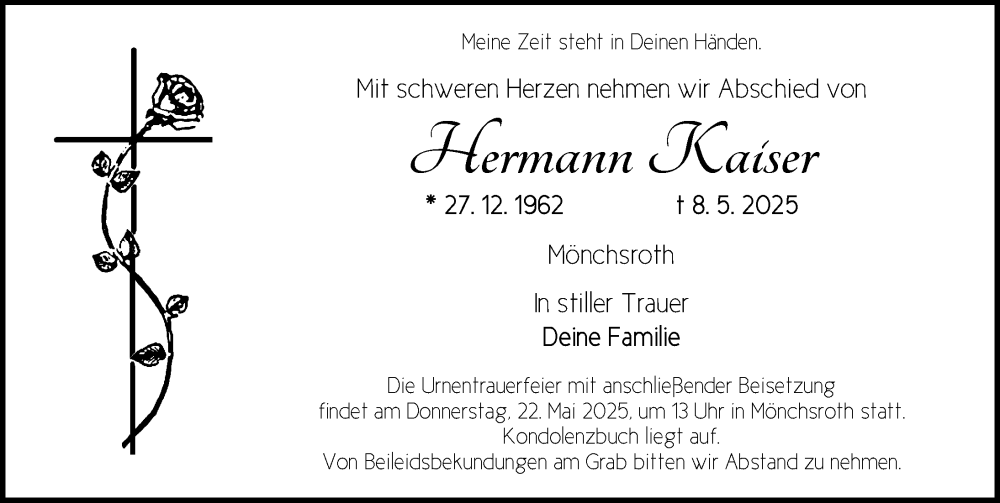  Traueranzeige für Hermann Kaiser vom 20.05.2025 aus Dinkelsbühl/ Feuchtwangen