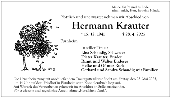 Traueranzeige von Hermann Krauter von Dinkelsbühl/ Feuchtwangen