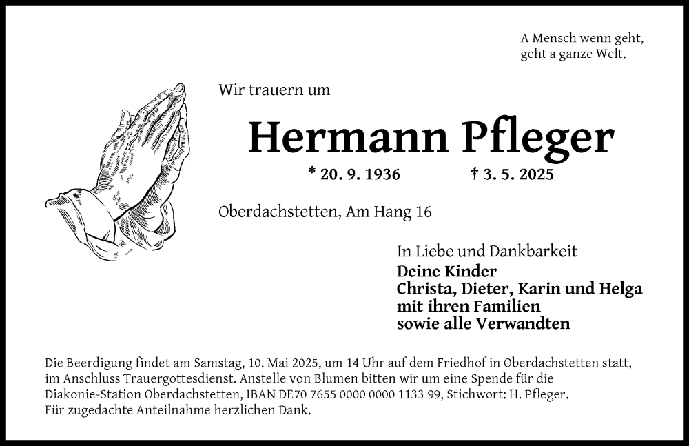  Traueranzeige für Hermann Pfleger vom 08.05.2025 aus Ansbach