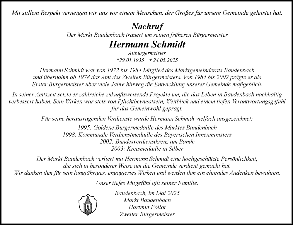  Traueranzeige für Hermann Schmidt vom 28.05.2025 aus Neustadt/ Scheinfeld/ Uffenheim