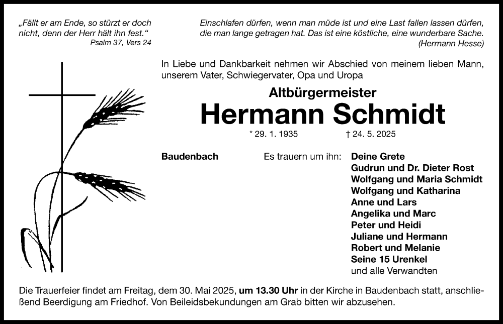  Traueranzeige für Hermann Schmidt vom 27.05.2025 aus Neustadt/ Scheinfeld/ Uffenheim