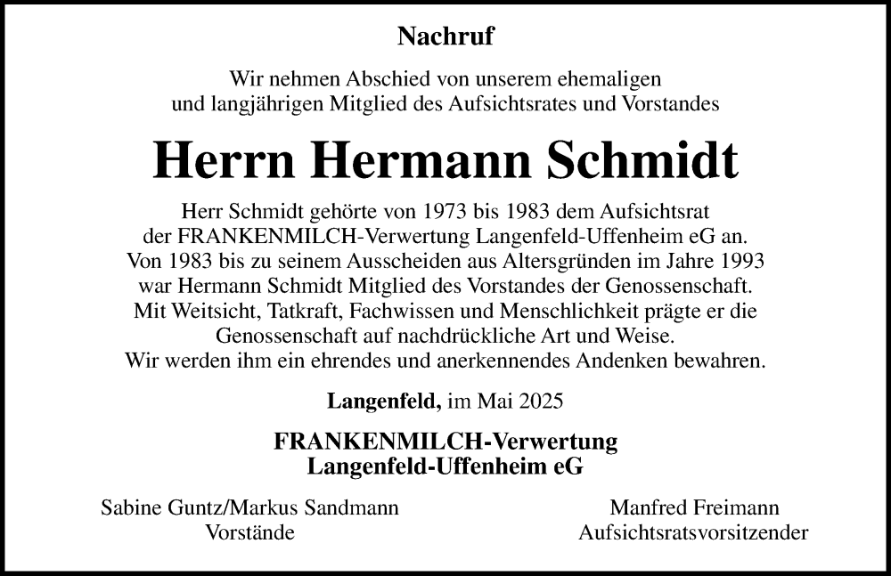  Traueranzeige für Hermann Schmidt vom 31.05.2025 aus Neustadt/ Scheinfeld/ Uffenheim