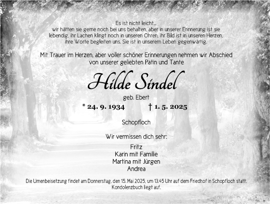 Traueranzeige von Hilde Sindel von Dinkelsbühl/ Feuchtwangen