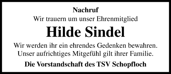 Traueranzeige von Hilde Sindel von Dinkelsbühl/ Feuchtwangen