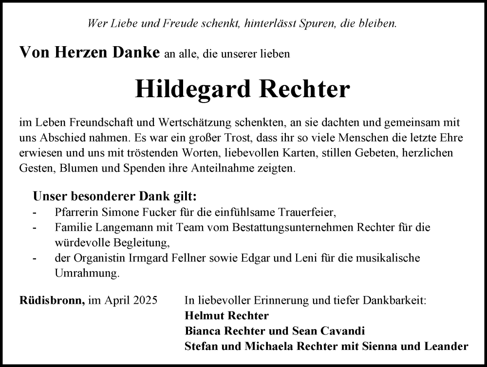  Traueranzeige für Hildegard Rechter vom 03.05.2025 aus Neustadt/ Scheinfeld/ Uffenheim