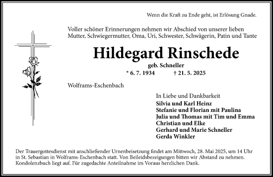 Traueranzeige von Hildegard Rinschede von Ansbach