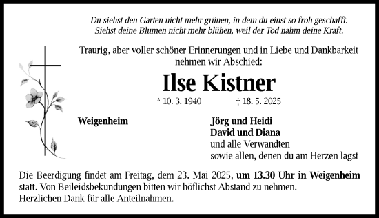 Traueranzeige von Ilse Kistner von Neustadt/ Scheinfeld/ Uffenheim