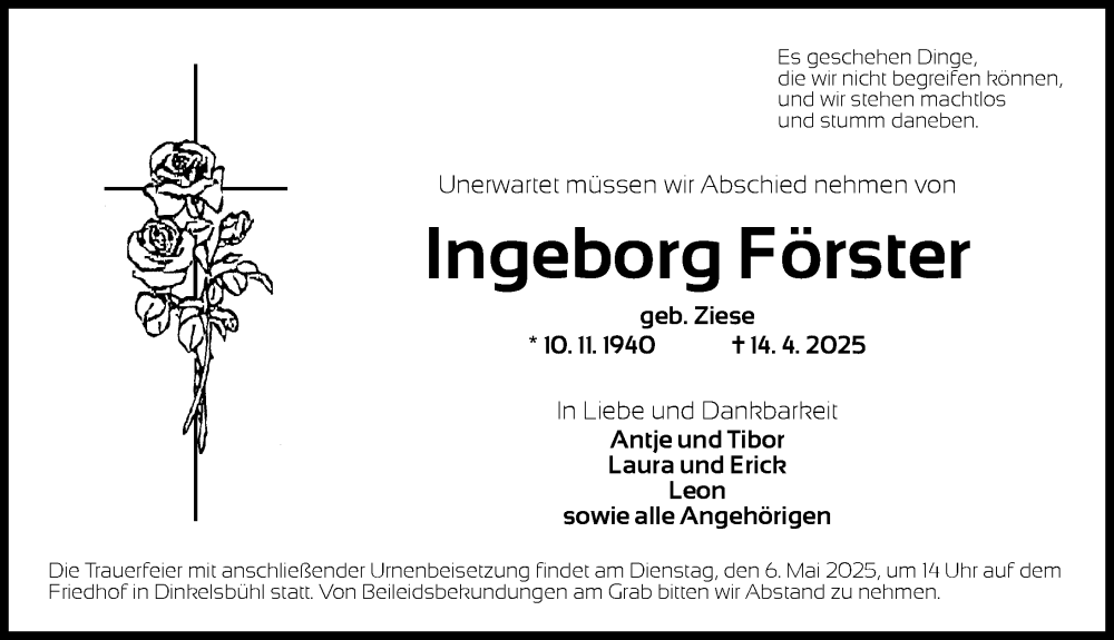  Traueranzeige für Ingeborg Förster vom 03.05.2025 aus Dinkelsbühl/ Feuchtwangen