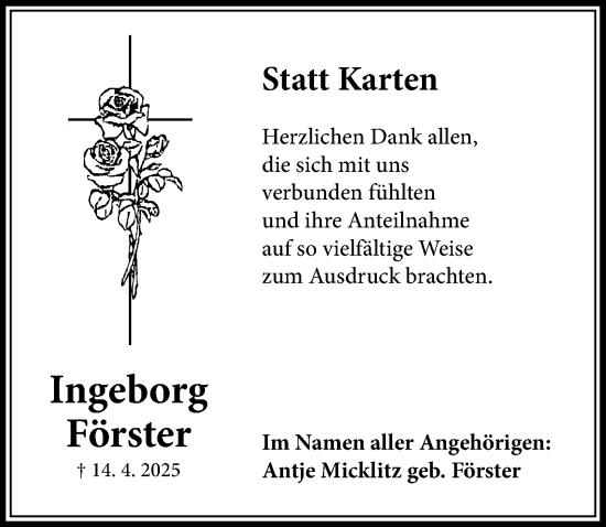 Traueranzeige von Ingeborg Förster von Dinkelsbühl/ Feuchtwangen