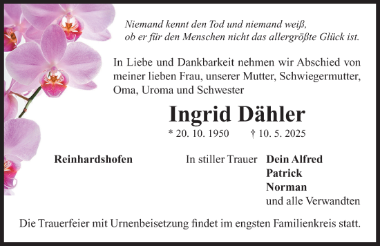 Traueranzeige von Ingrid Dähler von Neustadt/ Scheinfeld/ Uffenheim