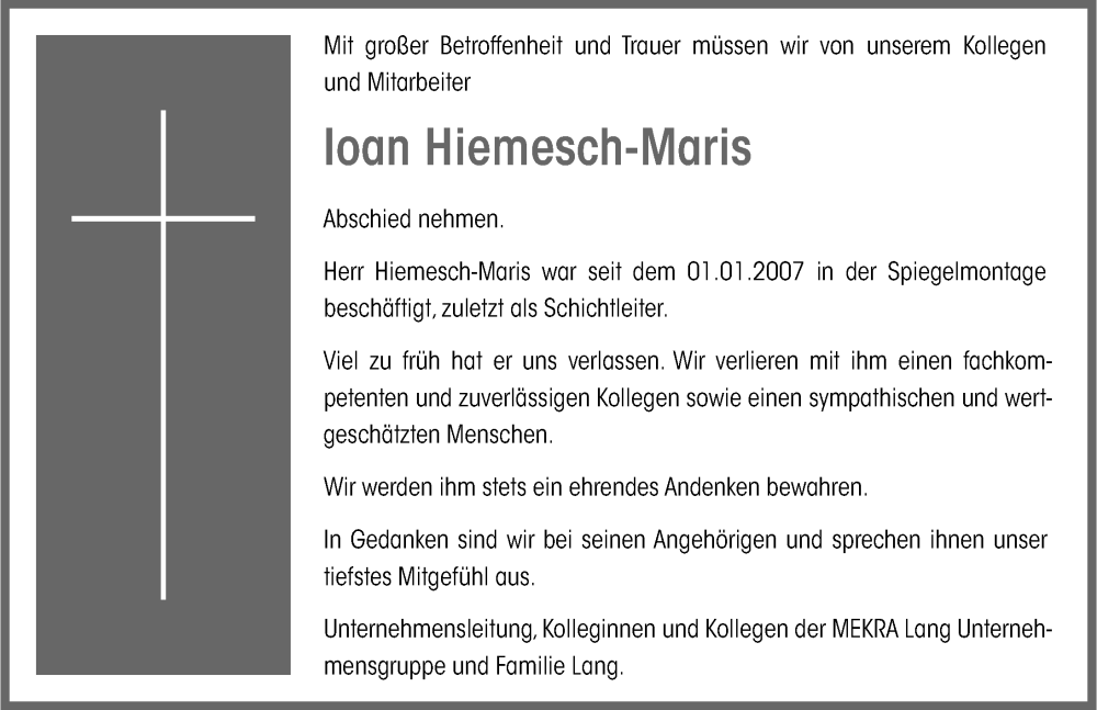  Traueranzeige für Ioan Hiemesch-Maris vom 17.05.2025 aus Neustadt/ Scheinfeld/ Uffenheim