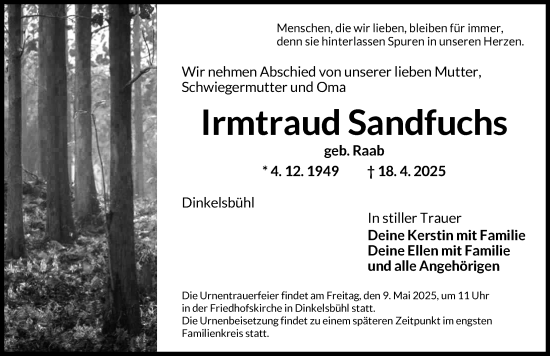 Traueranzeige von Irmtraud Sandfuchs von Dinkelsbühl/ Feuchtwangen