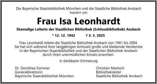 Traueranzeige von Isa Leonhardt von Ansbach