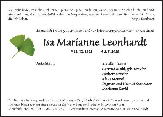 Traueranzeige von Isa Marianne Leonhardt von Dinkelsbühl/ Feuchtwangen