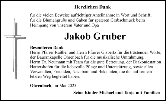 Traueranzeige von Jakob Gruber von Rothenburg