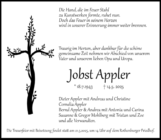 Traueranzeige von Jobst Appler von Rothenburg