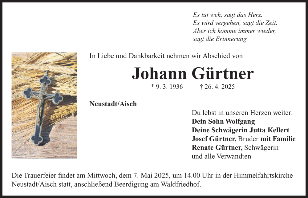  Traueranzeige für Johann Gürtner vom 03.05.2025 aus Neustadt/ Scheinfeld/ Uffenheim