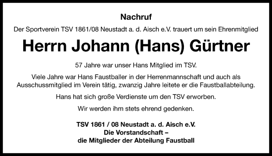Traueranzeige von Johann Gürtner von Neustadt/ Scheinfeld/ Uffenheim