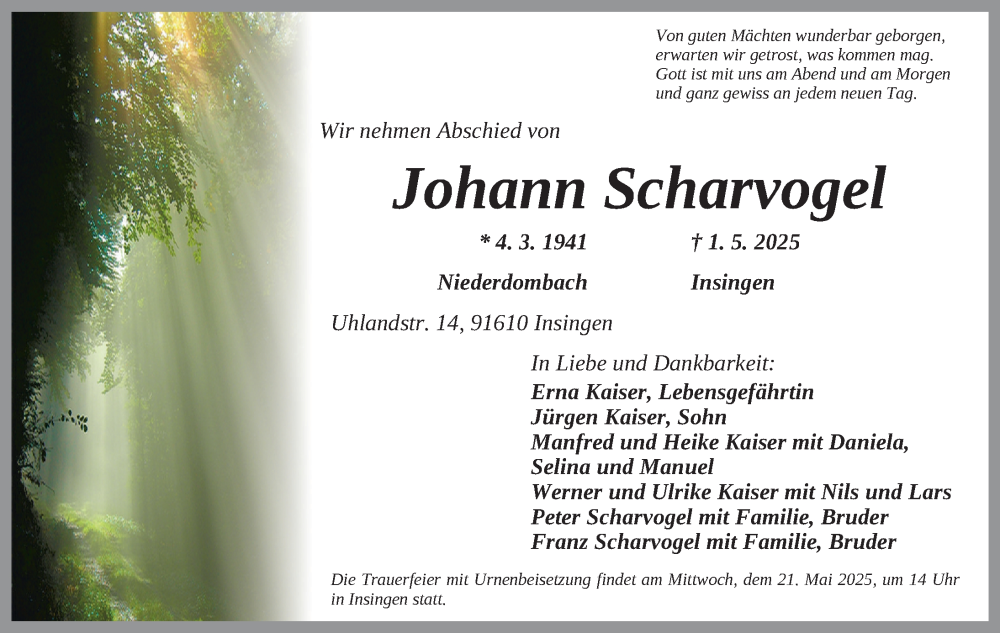  Traueranzeige für Johann Scharvogel vom 17.05.2025 aus Ansbach