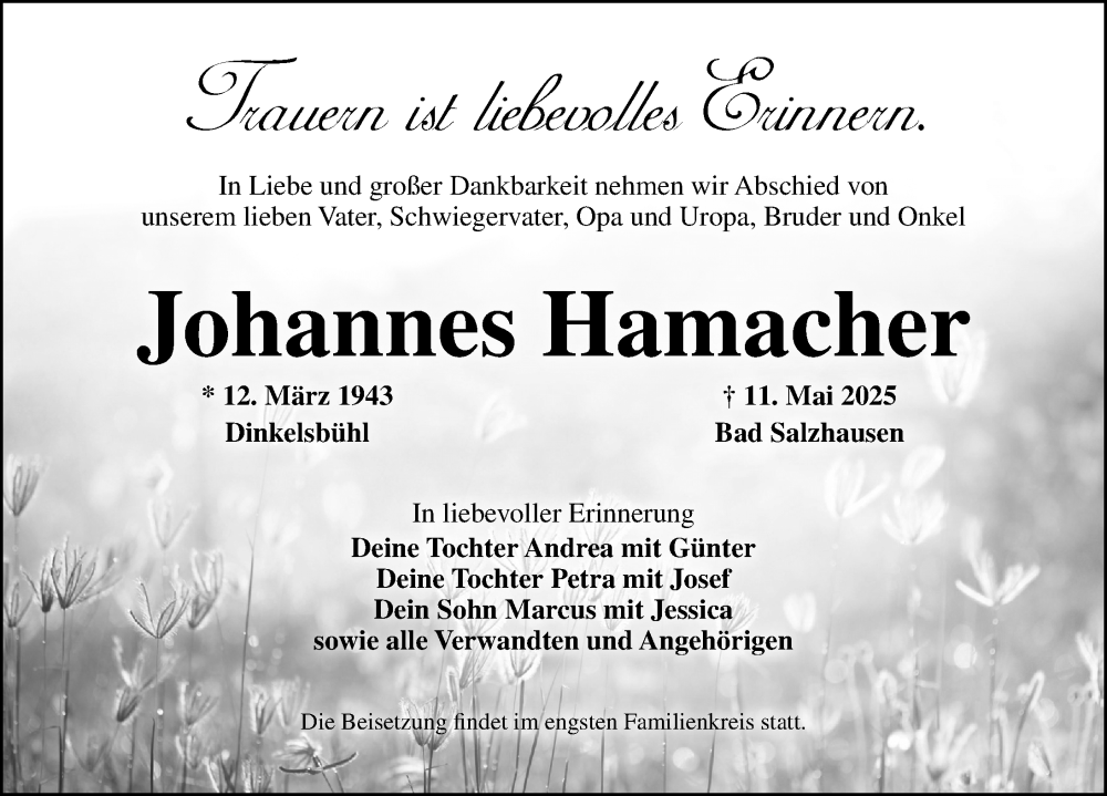  Traueranzeige für Johannes Hamacher vom 30.05.2025 aus Neustadt/ Scheinfeld/ Uffenheim