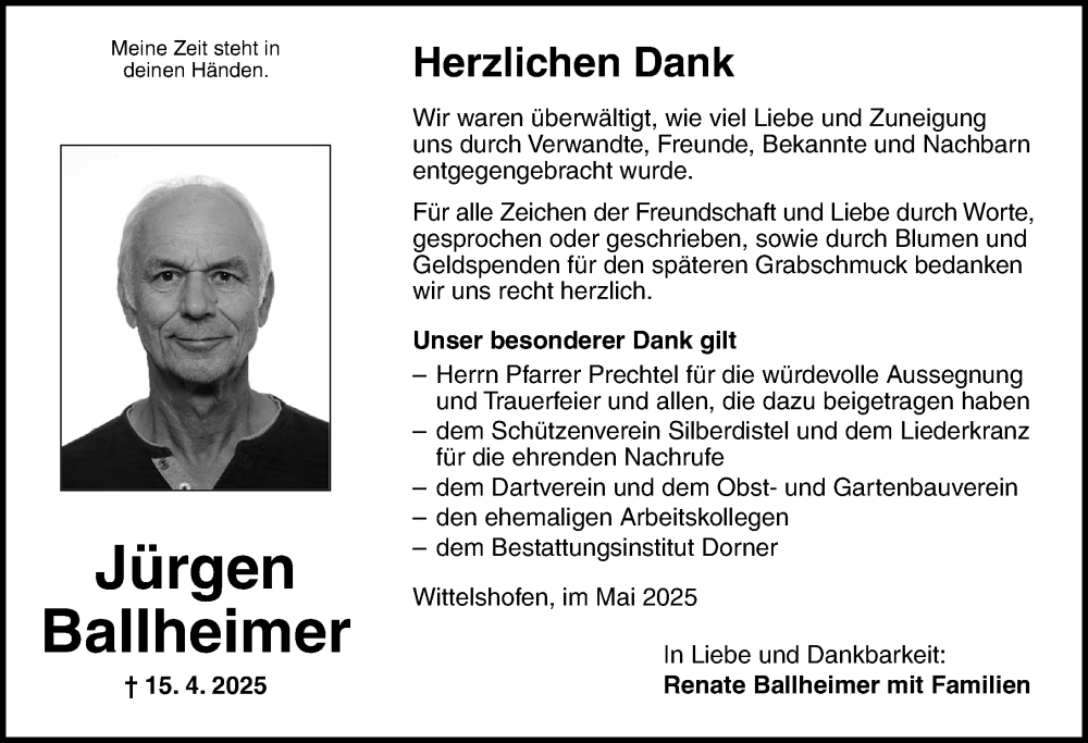  Traueranzeige für Jürgen Ballheimer vom 10.05.2025 aus Dinkelsbühl/ Feuchtwangen