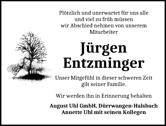 Traueranzeige von Jürgen Entzminger von Dinkelsbühl/ Feuchtwangen