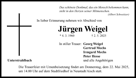 Traueranzeige von Jürgen Weigel von Neustadt/ Scheinfeld/ Uffenheim