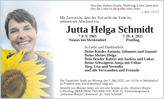 Traueranzeige von Jutta Helga Schmidt von GE
