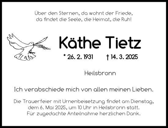 Traueranzeige von Käthe Tietz von Ansbach