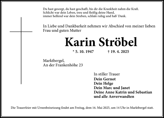 Traueranzeige von Karin Ströbel von Neustadt/ Scheinfeld/ Uffenheim