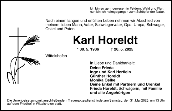 Traueranzeige von Karl Horeldt von Dinkelsbühl/ Feuchtwangen