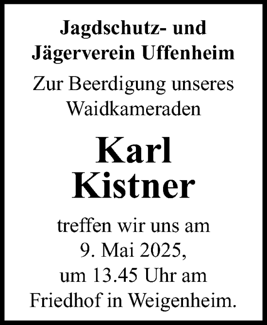 Traueranzeige von Karl Kistner von Neustadt/ Scheinfeld/ Uffenheim