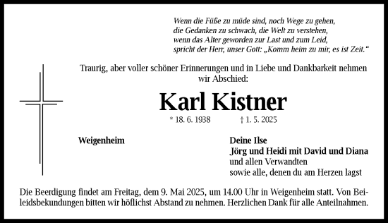 Traueranzeige von Karl Kistner von Neustadt/ Scheinfeld/ Uffenheim